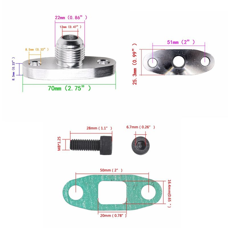 Auto parts silver AN10 for T3T4 turbine oil drain outlet flange gasket adapter kit with gasket_voghion.com