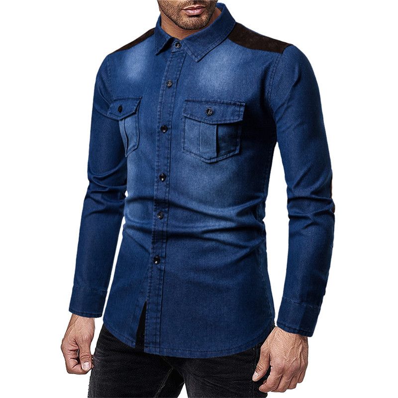 Herrenbekleidung gewaschenes Langarm-Jeanshemd Jugendmode lässiges einfaches Hemd_voghion.com