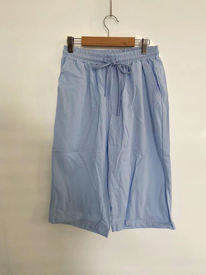 Women's cotton and linen pocket elastic casual pants women's pants quarter pants_voghion.com