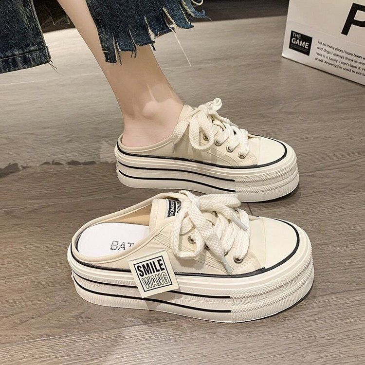 2024 Summer New Canvas Breathable Half Slippers for Women with Straps, Thick Bottom, Height Increasing Sponge Cake,_voghion.com