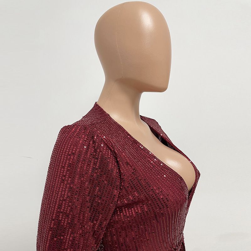 Damkläder Ins Style Deep V Mode Casual Jumpsuit Långärmat Bälte Paljett Jumpsuit Dam_voghion.com