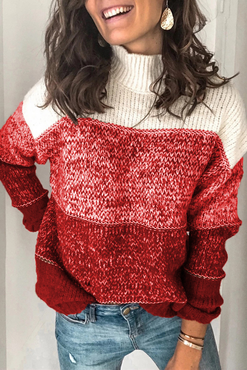Damen-Strickpullover mit lässigem Oberteil in verschiedenen Farben, gestreiften Nähten und hohem Kragen in Kontrastfarbe_voghion.com