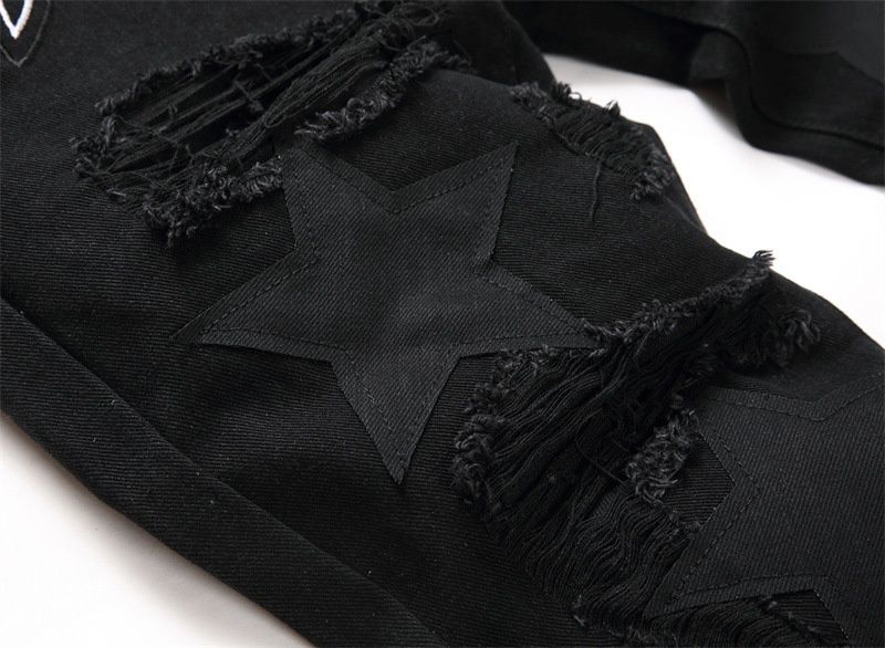 Funny Jeans With Ripped Patches, Black Flowing Whiskers, Elastic Slim Fit, Small Leg Pants, Personalized Men's Pants_voghion.com