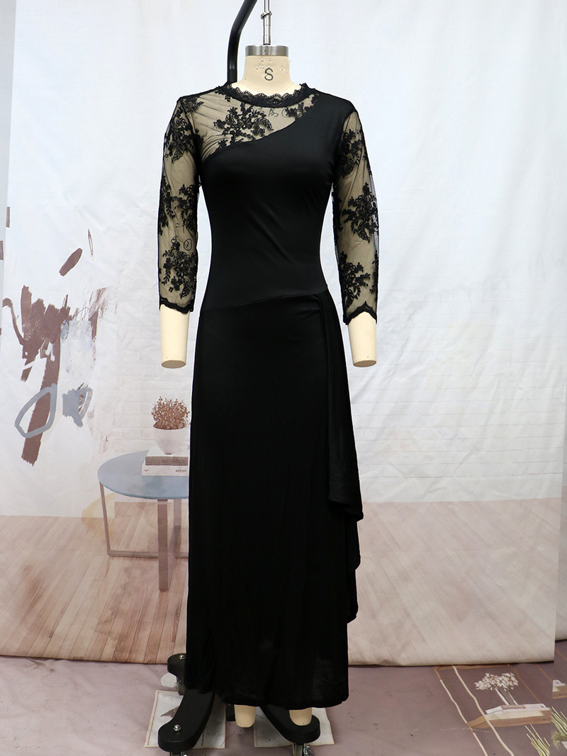 Abito da sposa lungo in pizzo trasparente con scollo rotondo e maniche corte, stile esclusivo, nuovo_voghion.com