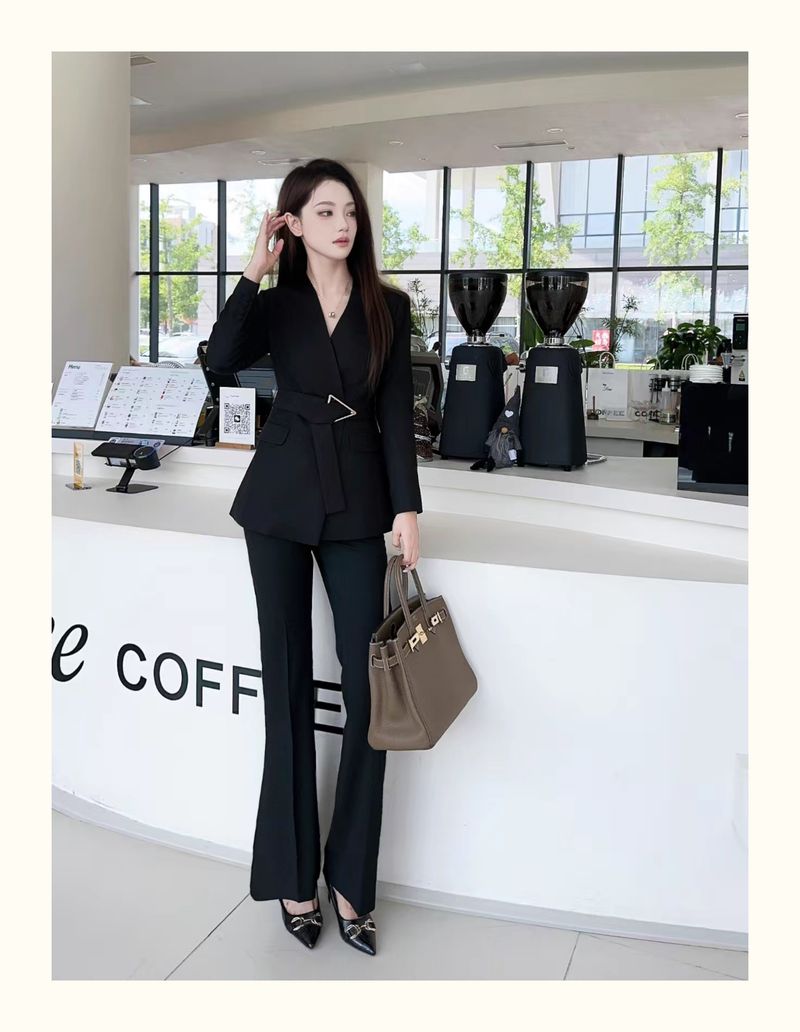 Black Minimalist Collarless Triangle Button Waist-Cinching Suit Wool Slim Fit Elegant Flared Pants Commuting_voghion.com