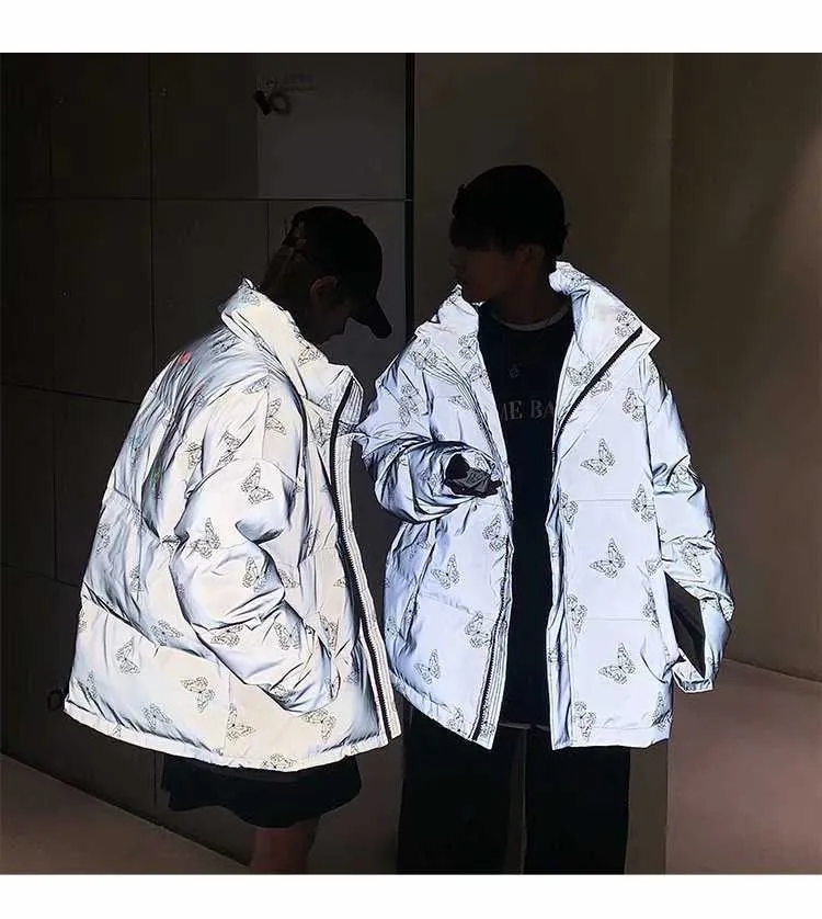 Veste parka rembourrée réfléchissante pour homme et femme, manteau d'hiver épais, coupe-vent, ample et chaud, avec papillon brillant_voghion.com