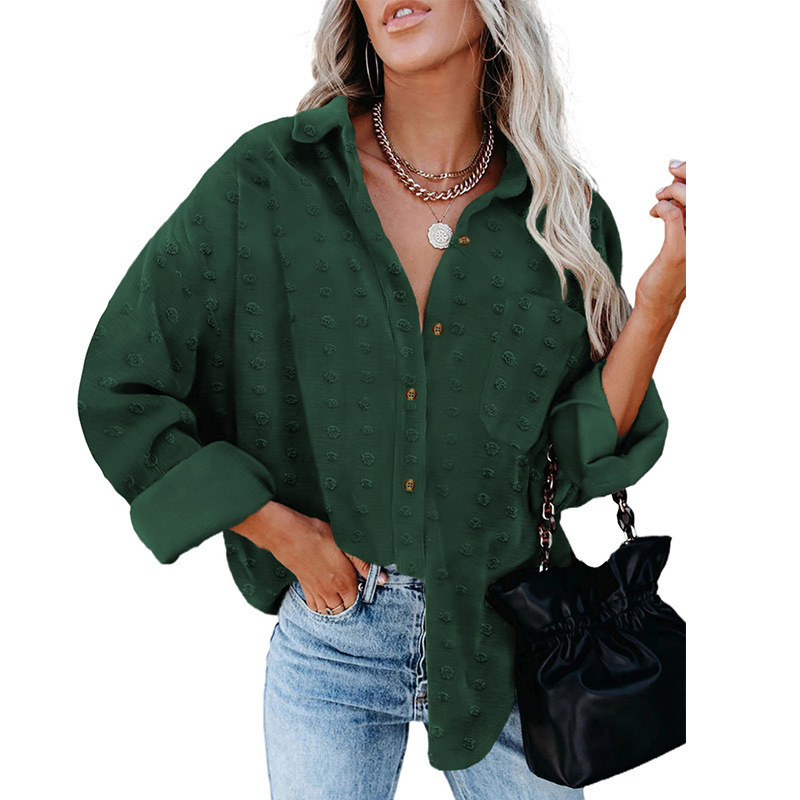 Dameklær Ensfarget chiffon-skjorte med jacquard-polokrage og lange ermer og løse knapper i cardigan-topp_voghion.com