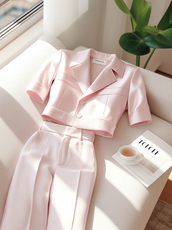 Damenbekleidung Sommerkleidung Mode, High-End-Profi, kleiner Duftstil, rosa Oberteil und Hosenanzug_voghion.com
