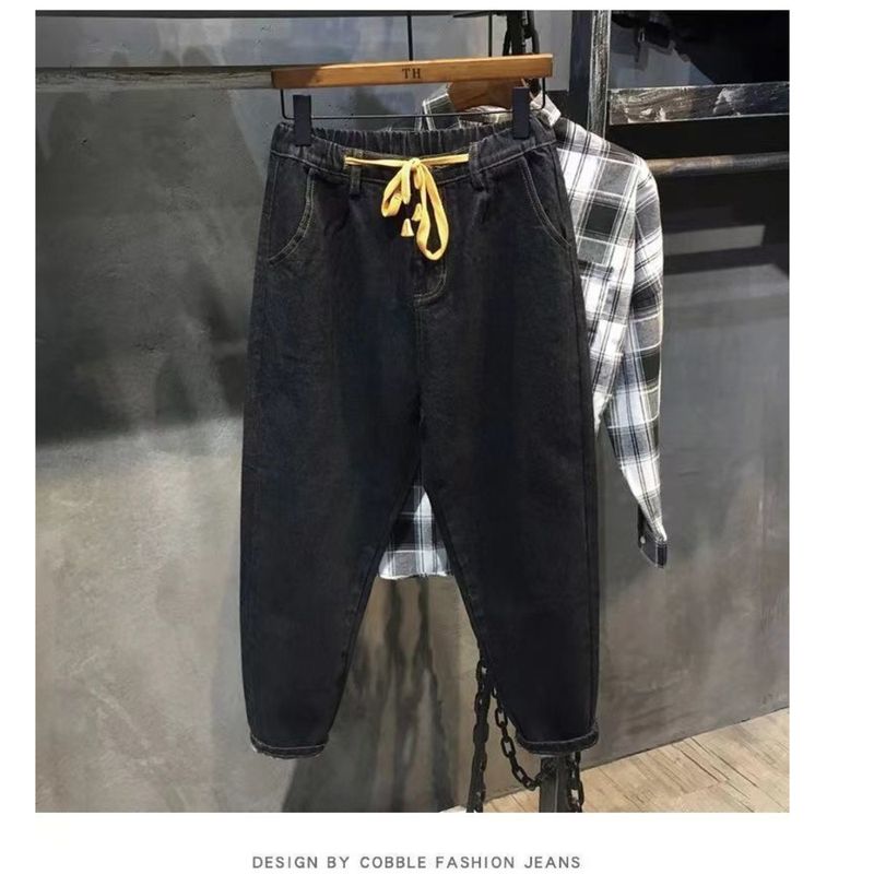 Elastic waist drawstring jeans for men's summer new slim fit small foot Harlan trendy casual cropped pants_voghion.com