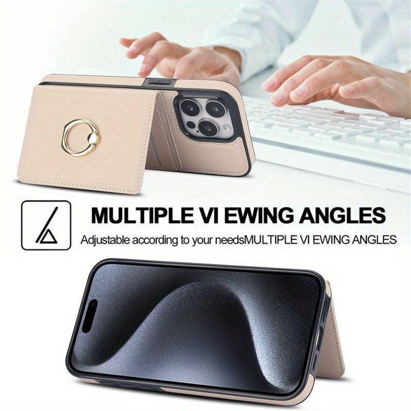 Étui portefeuille en cuir tendance pour téléphone portable 15/14/13/12 Pro/Pro Max/Plus, avec boucle à anneau pour doigt, clips pour cartes, doté d'un support pour téléphone_voghion.com