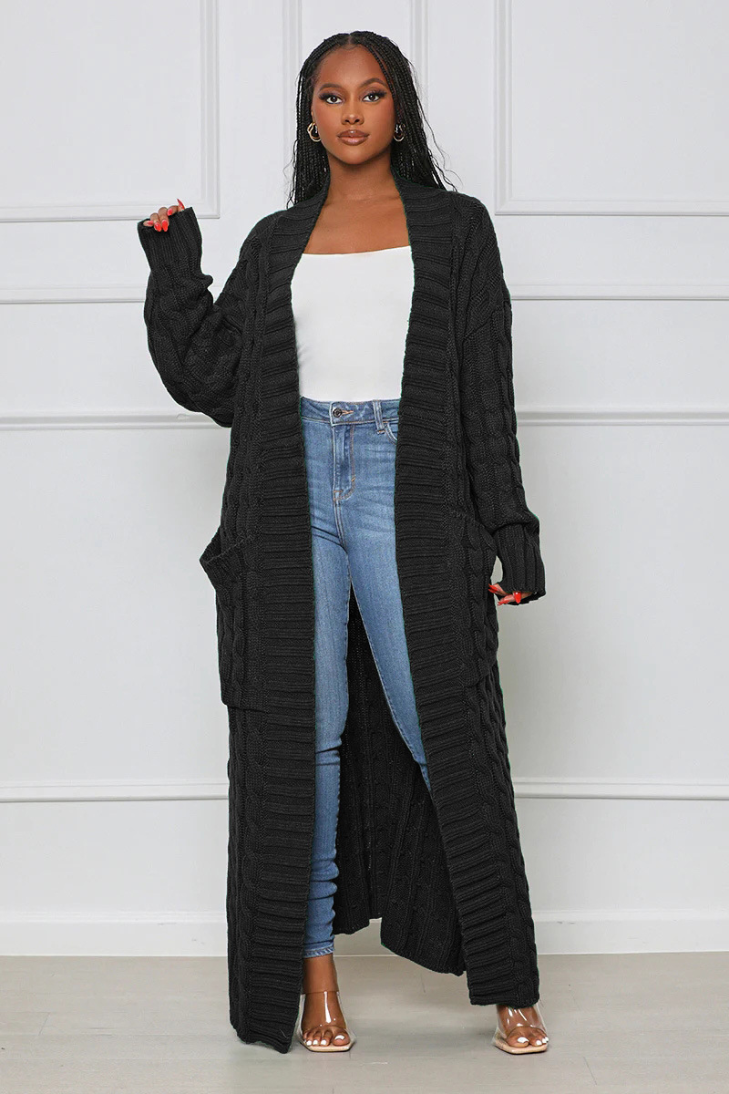 Damenbekleidung Locker gestrickte Strickjacke, gemütliche, übergroße Strickjacke mit Taschen, langer Zopfmuster-Pullovermantel, lockerer Boho-Chic, offene Vorderseite_voghion.com