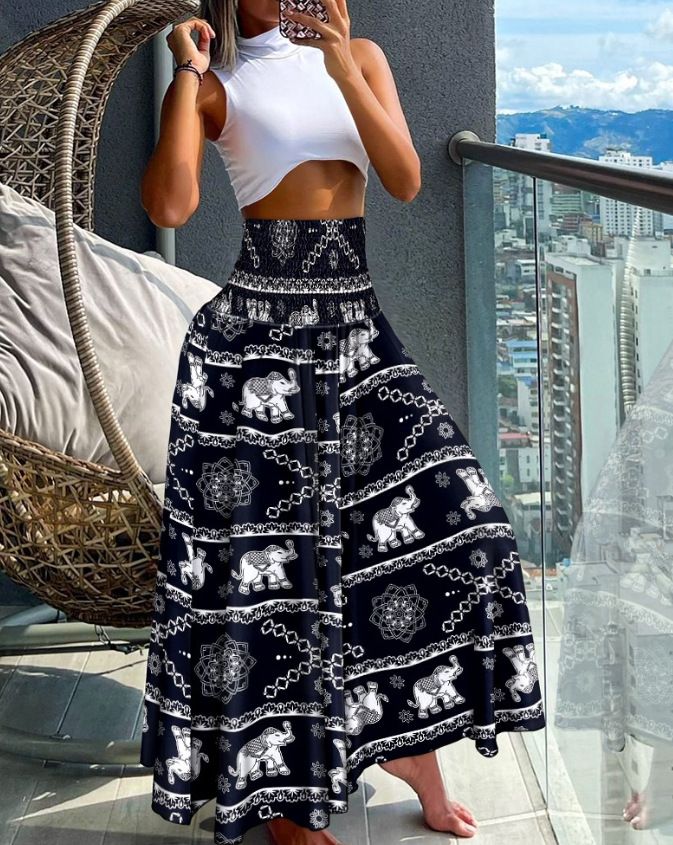 Damenbekleidung, Kollektion mit bedruckter Taille, Freizeithosen, Hosen mit weitem Bein_voghion.com