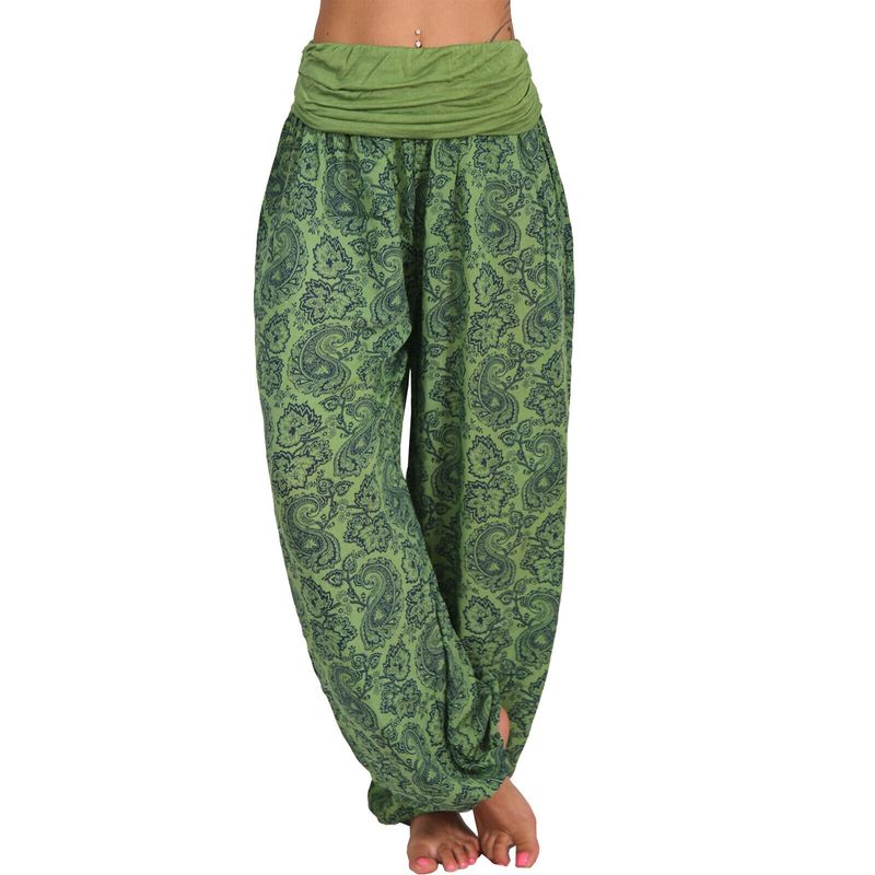 Roupas femininas Impressão digital Calças longas e largas Calças casuais Calças harém_voghion.com
