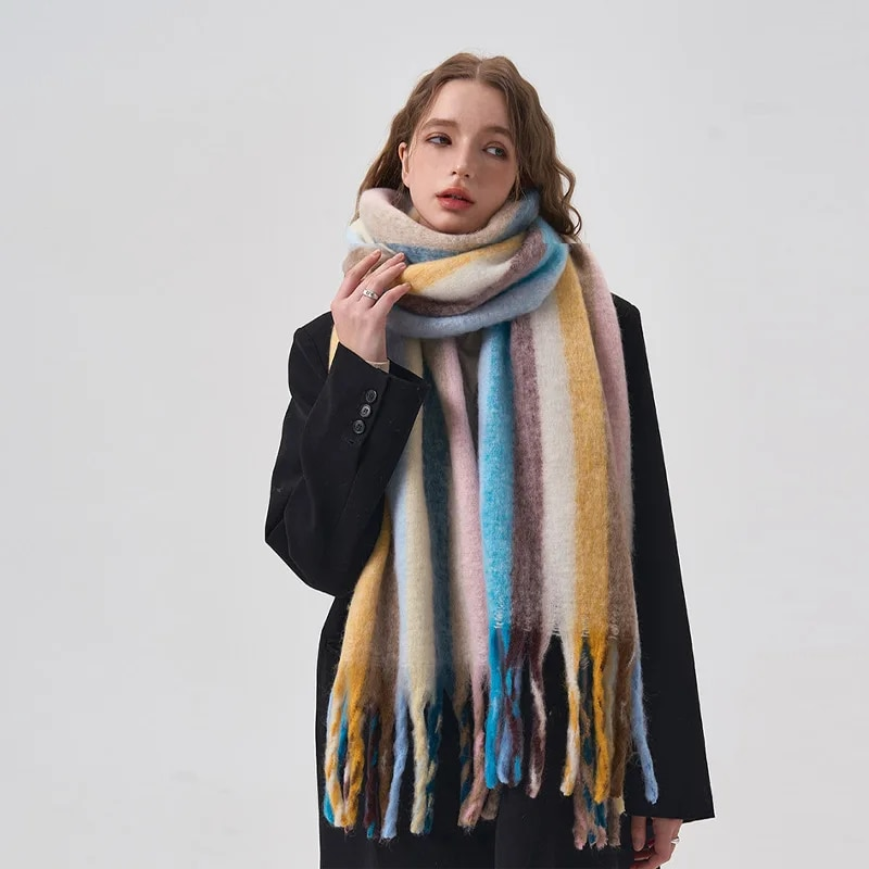 Coreano quente impressão cachecol feminino inverno outono engrossar grande arco-íris vertical listrado xale macio cashmere cobertor cachecóis_voghion.com