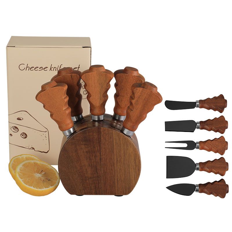 Christmas Tree Handle Acacia Wood Cheese Knife And Fork 6-Piece Set With Wooden Stand_voghion.com