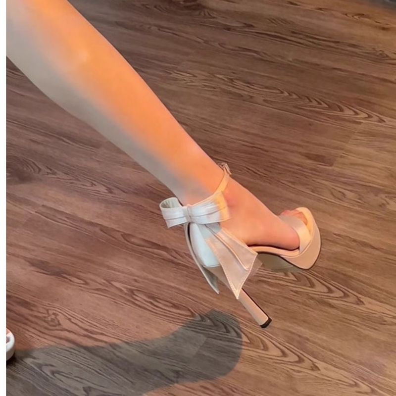 Tacones altos con lazo color champán y plataforma impermeable francesa para mujer_voghion.com