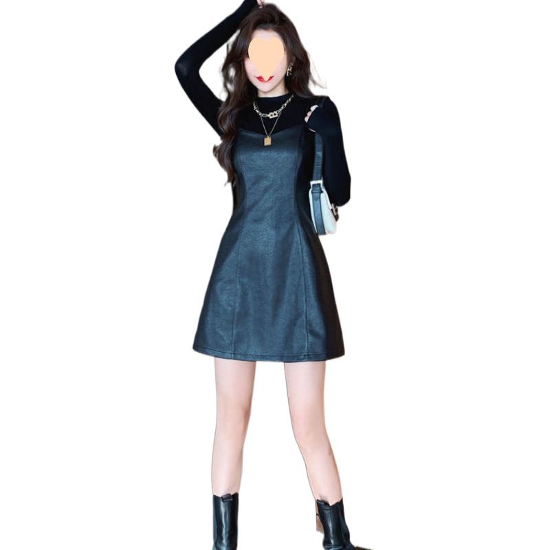 Completo due pezzi con gonna in pelle, primavera 2025, nuovo abito snellente con spalline a vita alta e camicia a maniche lunghe_voghion.com