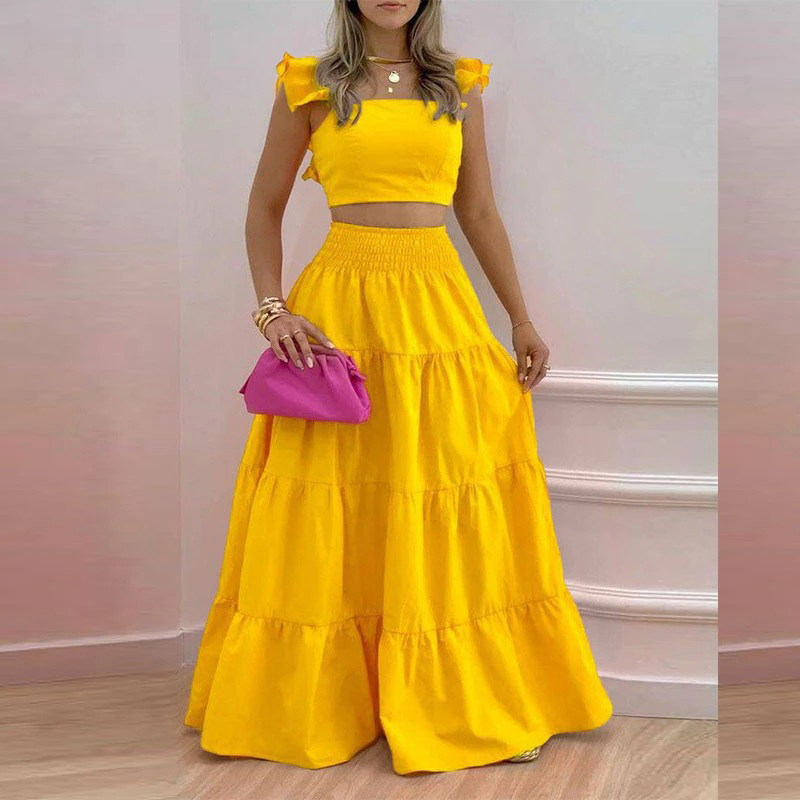 2025 Primavera Nuovo Europeo E Americano Pendolare Vita Media Sexy Gonna Set Due Pezzi Donne Bretelle Grande Gonna Swing Moda Completo Donna Due Pezzi Set_voghion.com