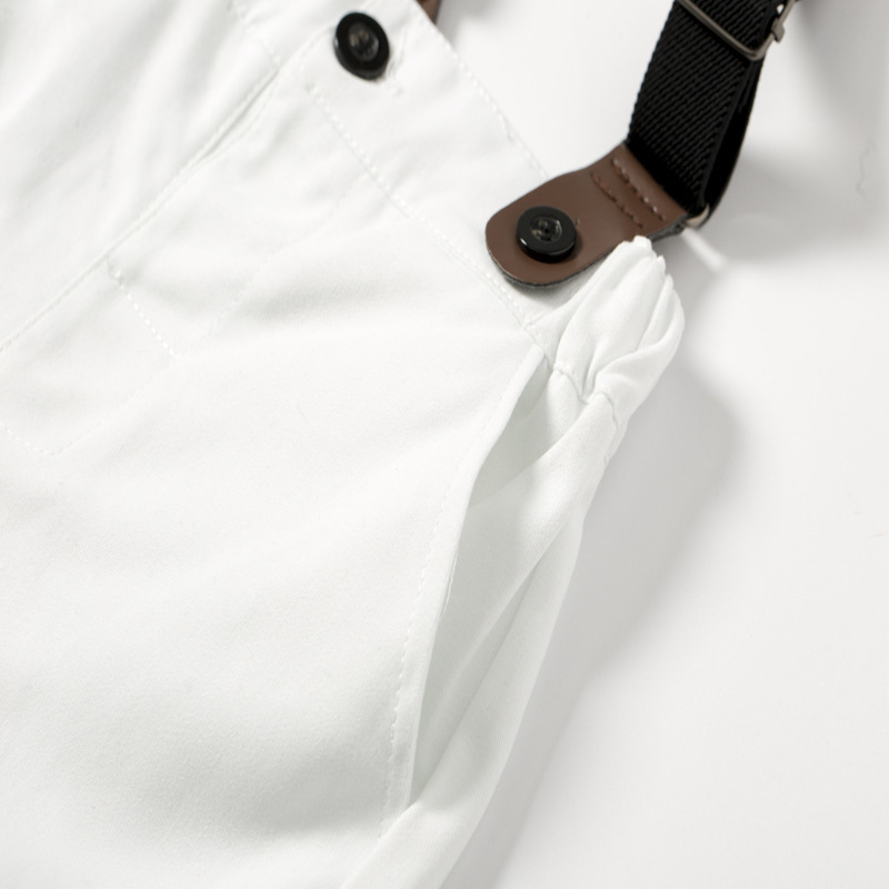 New Gentlemen's Boys' Dress Striped Short Sleeve Necktie Shirt Strap Pants Set_voghion.com