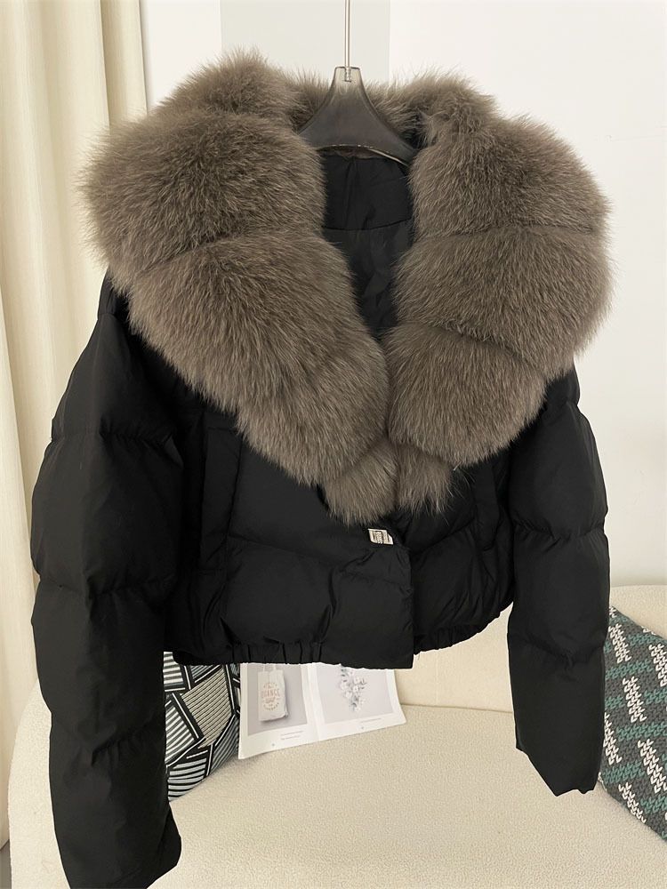 Piumino corto da donna con collo oversize in pelliccia di volpe - Cappotto invernale alla moda con piumino d'anatra bianca, pelliccia staccabile, vestibilità ampia, vari colori_voghion.com
