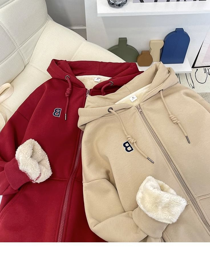 Damenbekleidung Samtverdicktes Sherpa-Sweatshirt mit Kapuze für Damen Lockere, warme, langärmelige Strickjacke mit Reißverschluss_voghion.com