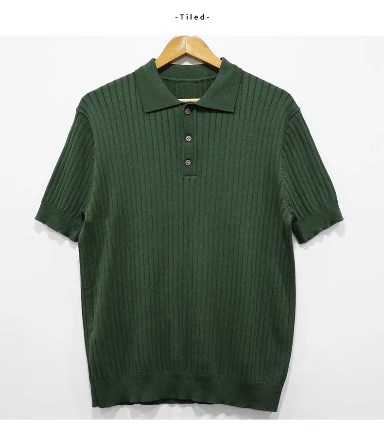 Roupas masculinas de verão, nova versão de camisa polo masculina slim de seda gelada, manga curta, camiseta masculina listrada de malha com lapela, leve e luxuosa britânica_voghion.com