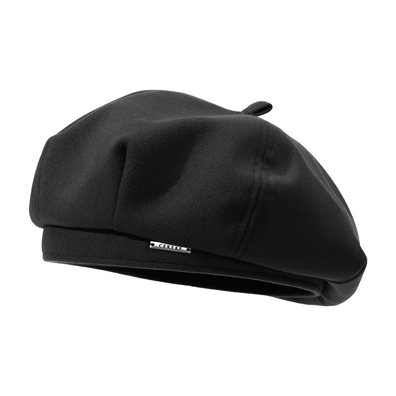 Korean Style Autumn Winter Woolen Metal Label Beret Women Octagonal Big Head Circumference Make Your Face Look Smaller_voghion.com