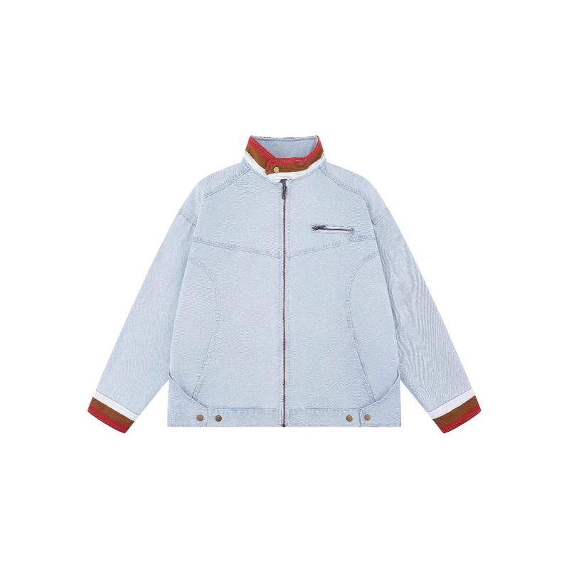 Chaqueta vaquera con cremallera y bloques de color para hombre y mujer, estilo Detroit, con cuello alto, para primavera de 2025._voghion.com