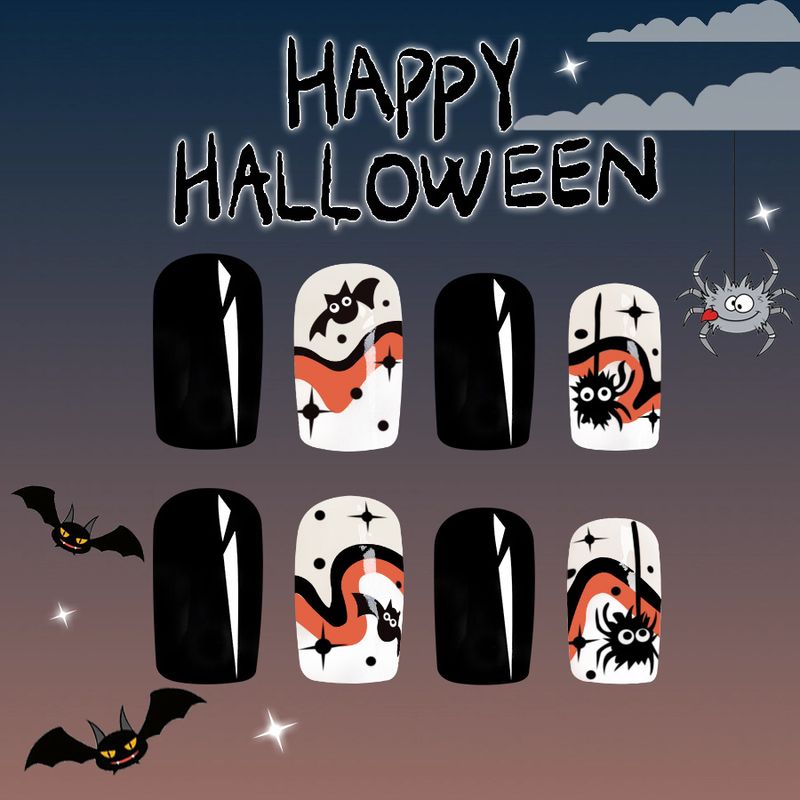 Corto glitterato quadrato armatura Halloween carino nero ragno pipistrello irregolare multicolore modello indossare manicure 24 pezzi_voghion.com
