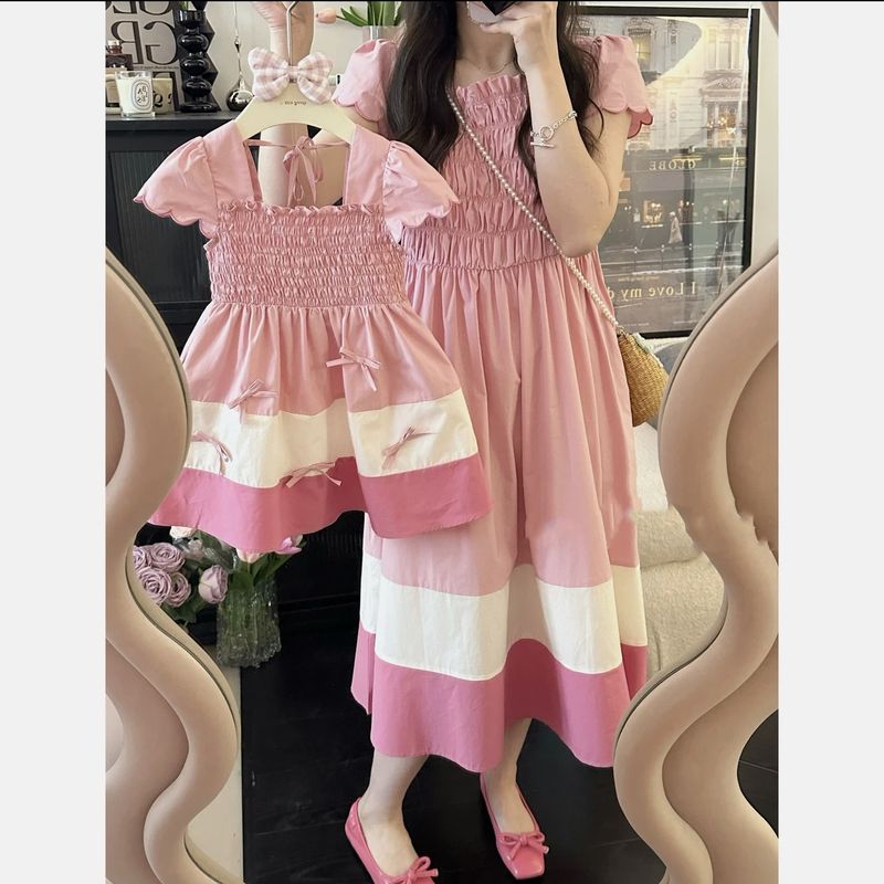 Mother&Kids Family dress summer short sleeve mother-daughter dress skirt girl soft pink Sweet thin_voghion.com