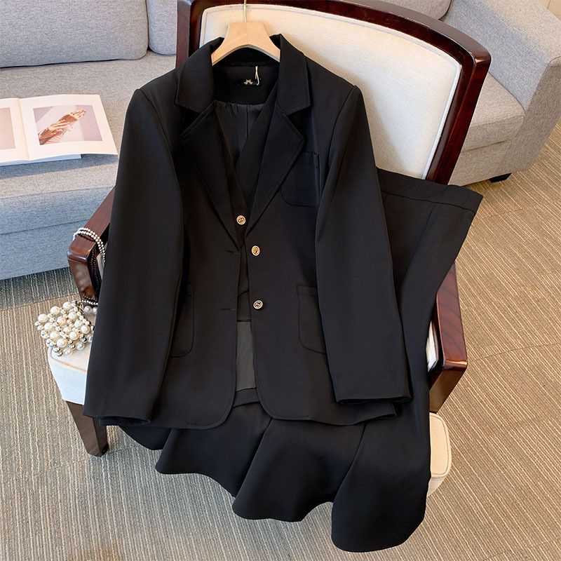 Conjunto de três peças feminino plus size, blazer casual profissional, colete e saia, novo estilo, outono 2024_voghion.com