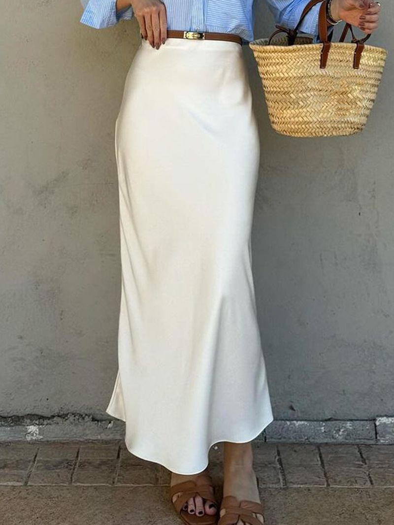 Gonna a tubino aderente elegante a vita alta per donna - Gonna midi in raso elasticizzato per ufficio e feste - Abito da lavoro e da sera alla moda in tinta unita_voghion.com