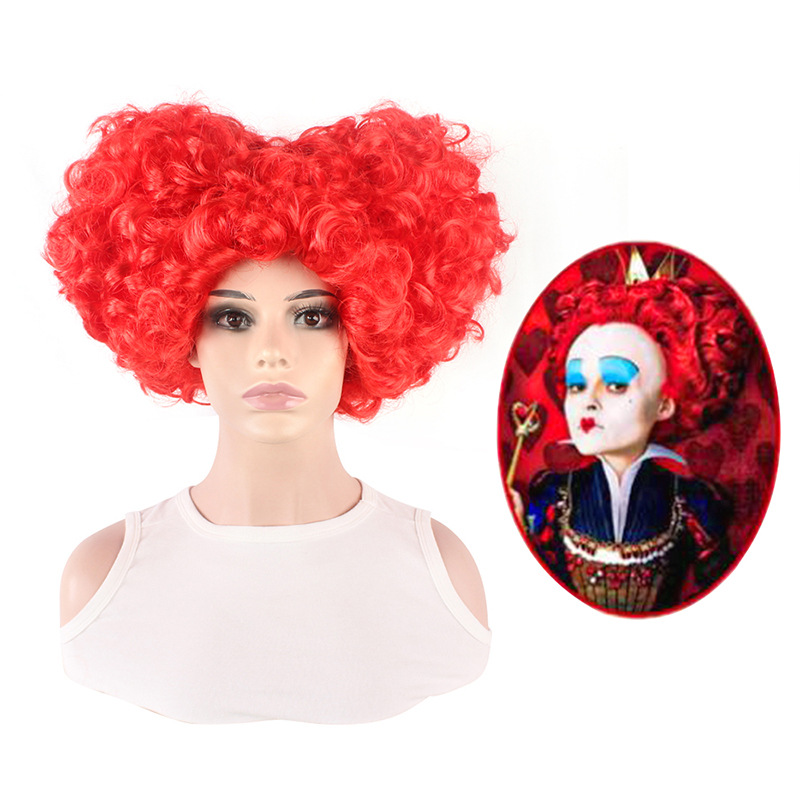 Cosplay Alice im Wunderland 2 Perücke Königin der Herzen Cos flauschige kurze lockige Kopfbedeckung Rote Königin Perücke_voghion.com