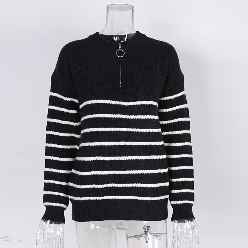 Abbigliamento da donna Maglione maglione pullover con cerniera da donna a maniche lunghe a righe color block a collo alto_voghion.com