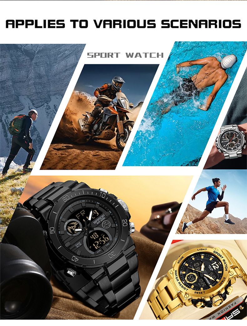 Montre homme en acier inoxydable à double affichage, multifonctionnelle : étanche, rétroéclairage LED, chronomètre, alarme, heure universelle, bracelet en acier inoxydable._voghion.com