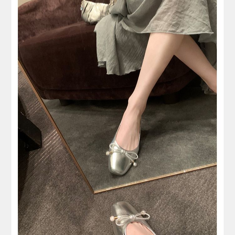 klasyczne, okrągłe, kokardkowe i płytkie, wykwintne baletki z pereł, damskie, płaska podeszwa_voghion.com