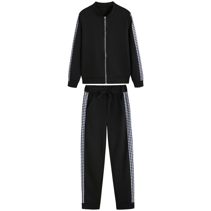 Damer långa sport Casual Zip Patchwork Rutig kostym_voghion.com