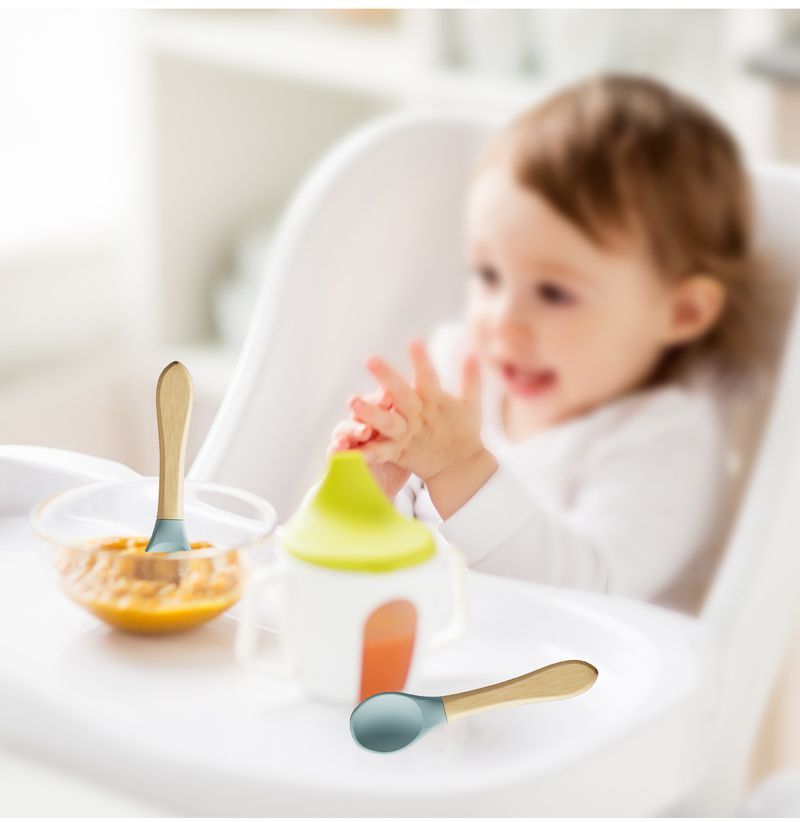 Maitinimo šakutė su mediniu rankena kūdikių maisto papildymui vaikams silikoninis šaukštelis minkšta galvute_voghion.com