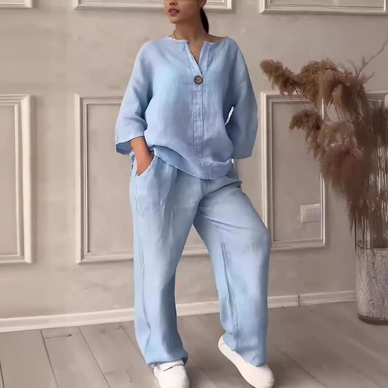 Women's Casual Linen Blend Long Sleeve Top & Wide Leg Pants Set - Breathable Comfortable Outfit For Work & Daily Wear_voghion.com