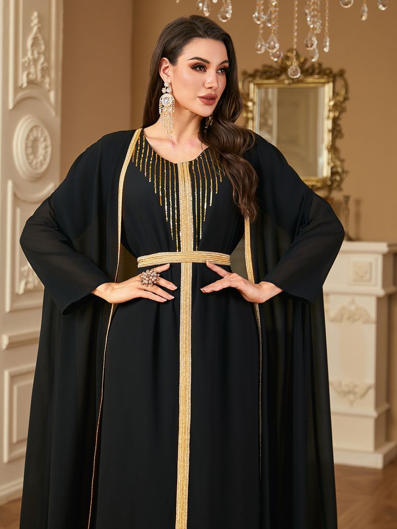 Vêtements pour femmes transfrontaliers du Moyen-Orient Robe arabe Mode paillettes broderie mousseline de soie deux pièces robe Europe et Amérique_voghion.com