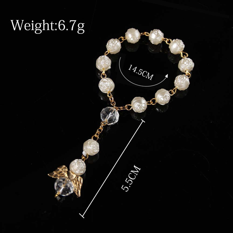 Minimalist Rosary Bracelet – Wing & Pearl Beaded Chain With Rose Quartz Charm | Unisex Spiritual Prayer Jewelry |Gothic Dainty Wristwear_voghion.com