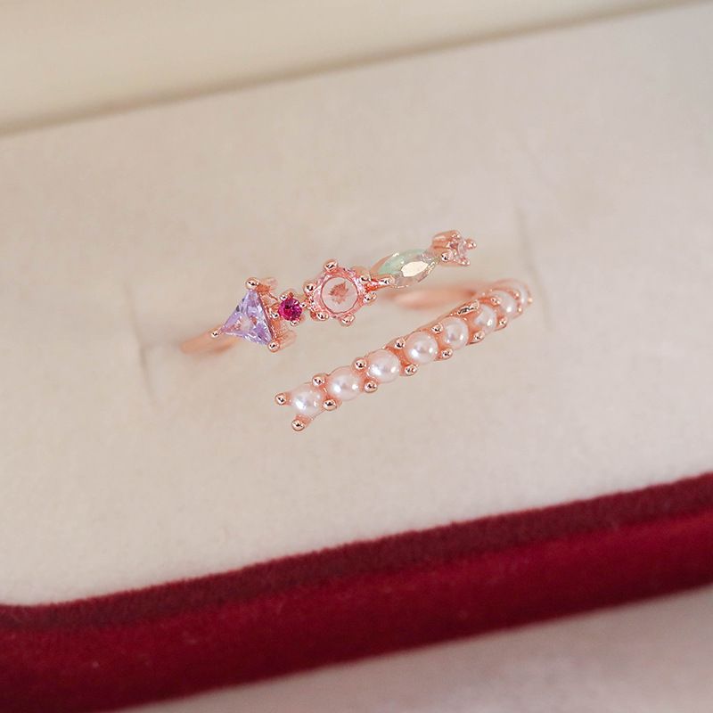 Fashion New Simple All-match Ring Ring Pearl Flower Zircon Irregular Opening Design Adjustable Ring_voghion.com