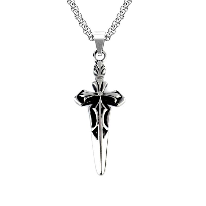 Degenzwaard roestvrij staal met ketting, kruisvormige hanger, dominante nieuwe punk accessoire_voghion.com