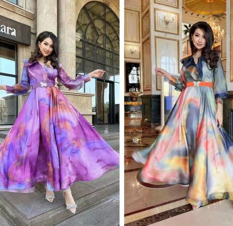 Spring And Summer New European And American Printing Large Swing Mesh Dress Commuter European And American Women's Dress_voghion.com