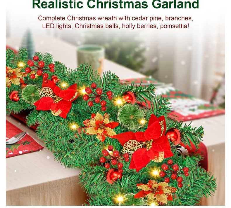 Ghirlanda natalizia da 2,7 m/1,8 m con 50 luci LED, resistente decorazione natalizia in PVC da appendere alla porta per albero di Natale, parete, camino_voghion.com