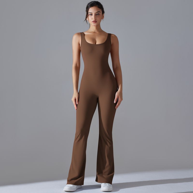 Neuer, einfarbiger, hüfthebender, langer, schmal geschnittener Jumpsuit mit weitem Bein für Sport, Laufen, Fitness und Yoga_voghion.com