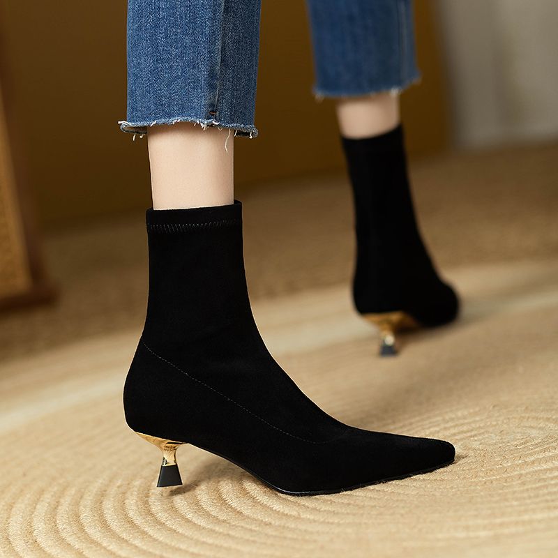2023 French Style Kitten Heel Booties Women's New Suede Pointed Toe Stretch Thin Work Clothing Stiletto Mid-Heel Ankle_voghion.com