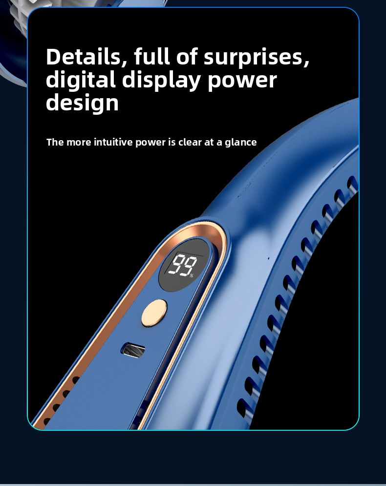 Portable Mini Neckband USB Charging 1200mAh Long Endurance Fan, Digital Display, Turbocharged Cooling Bladeless Fan_voghion.com