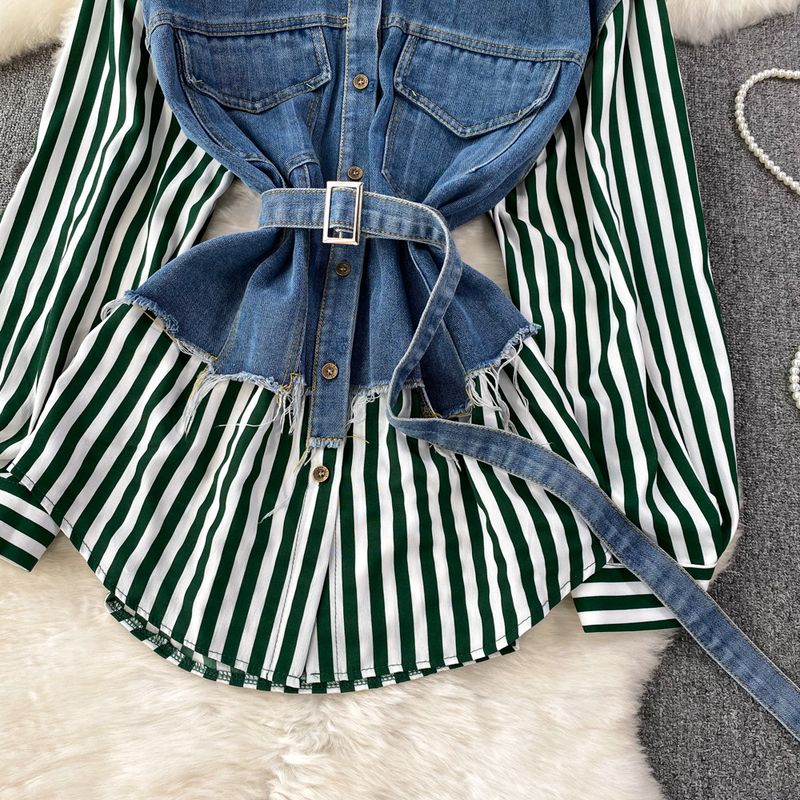 Women's Two Piece Loose Denim Vest Spliced Striped Shirt Women's Casual Irregular Top_voghion.com