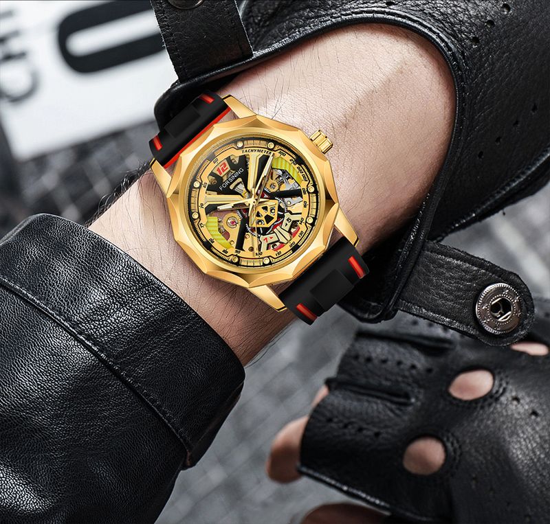 FORSINING Designer Luxury Fashion Steel Skeleton Mechanical Gold Watch For Men Manual Movement Clock Waterproof Silicone Strap_voghion.com
